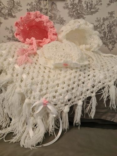 Chris M,  baby shawl, 2 bonnets and mop hat, crochet.